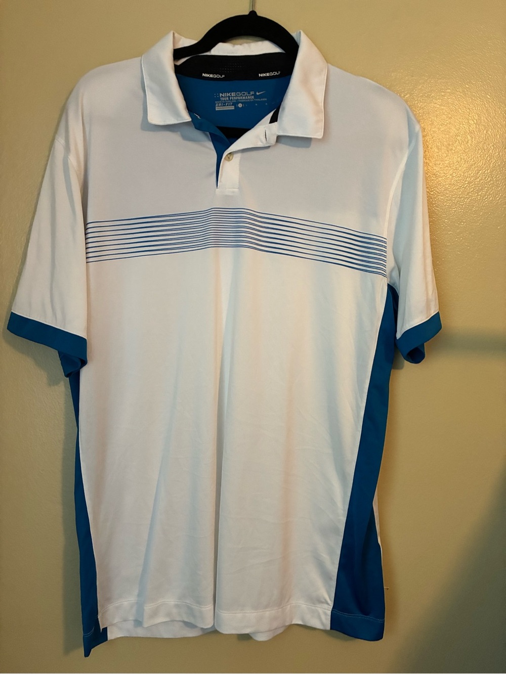 Nike White Polo with Blue Stripe and Side Panels